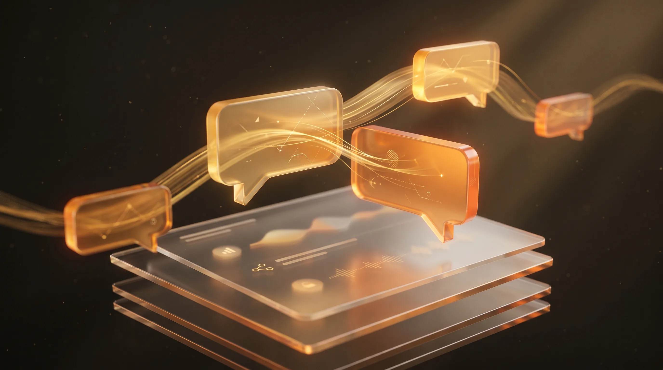 Visualization: AI chat about a podcast — dialogue bubbles with golden text streams
